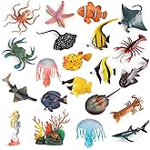 Kukifun 21Pcs Sea Animals Toys Figures, Plastic Marine Creature Shark Fish Starfish Crab Lobster Octopus Seahorse Coral Jelly