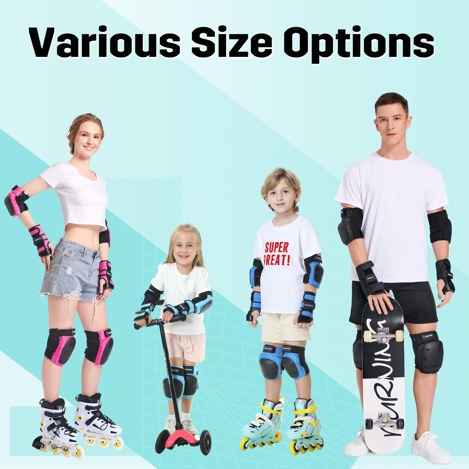 Forzueby Adult/Kids Knee Pads Elbow Pads Wrist Guards 6 in 1 Protective Gear Set for Inline Roller Skating Skateboarding Scooter BMX etc.