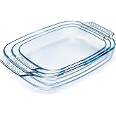 NUTRIUPS Large Glass Baking Dishes Set of 3, 1.9 QT+2.6 QT+3.4 QT | Oven Safe Glass Pan for Cooking, Rectangular Easy Grab Baking Dish for Lasagna, Pie, Cake, Brownies and Salad