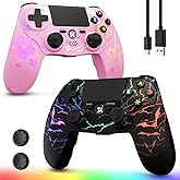 Wireless Controller for PS4 2-Pack with RGB LED Modes, Gaming Remote for PS4 with1000mAh Battery/Dual Shock/6-Axis Gyro/3.5mm Audio Jack/Speaker, Gaming Controller for Playstation 4/PS3(Pink+Black)