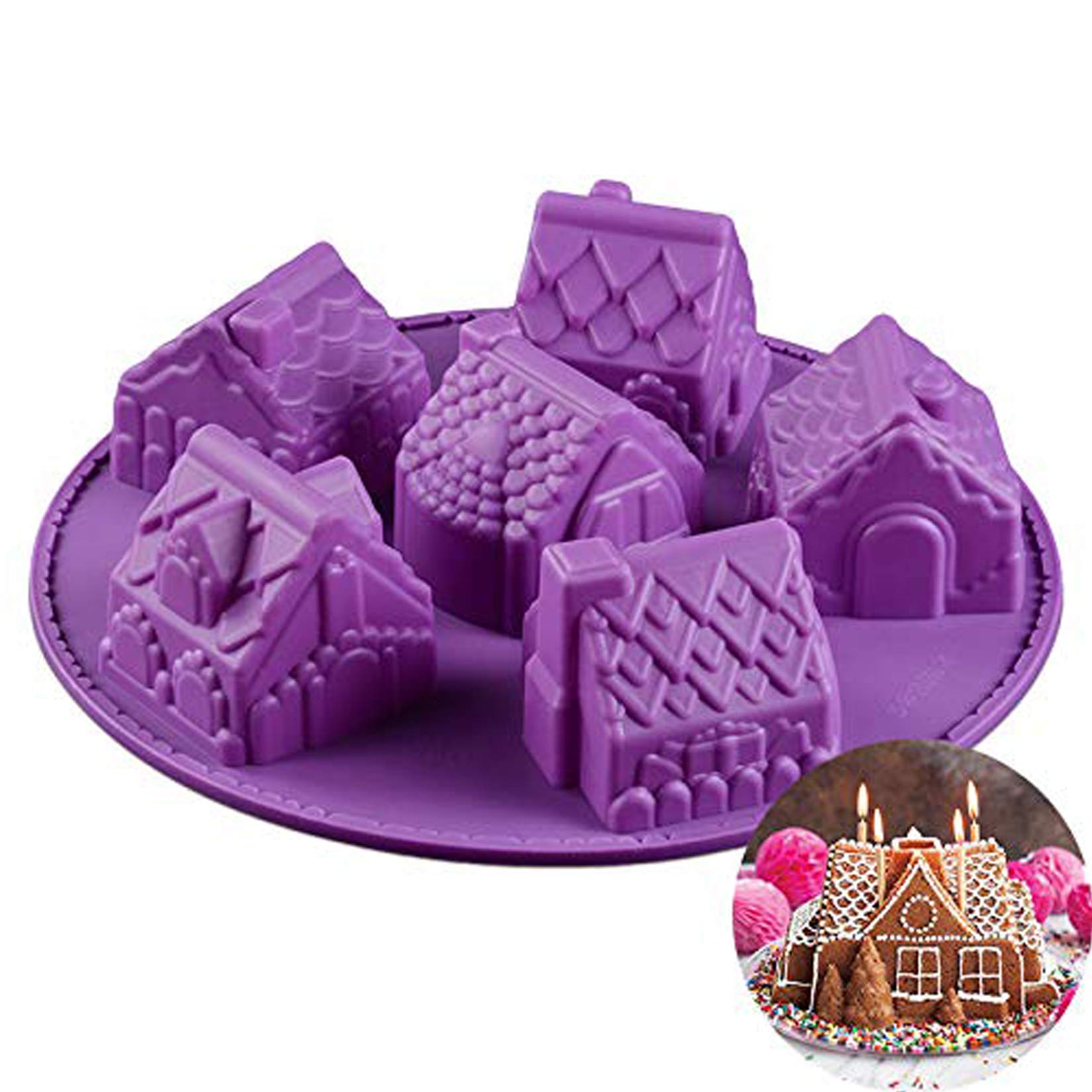 6-Cavity House Shaped Silicone Moulds, RoseFlower Non Stick Cake Tray Baking Mold for Chocolate Candy Jelly Sweets Cake Ice Cube Soap -DIY Decorating Tools Birthday Party Christmas
