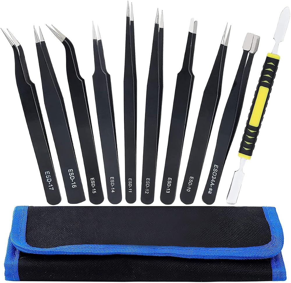 Luckynono Precision ESD Tweezers Set 10pcs Anti-Static Stainless Steel Kit