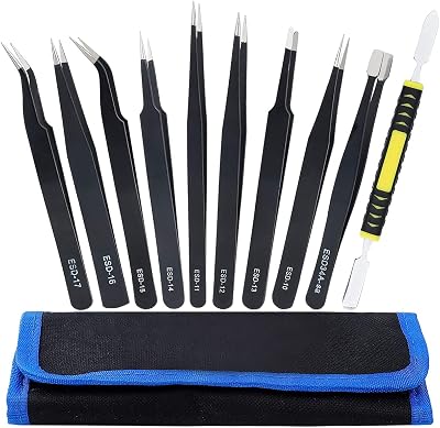 Luckynono Precision ESD Tweezers Set 10pcs Anti-Static Stainless Steel Kit