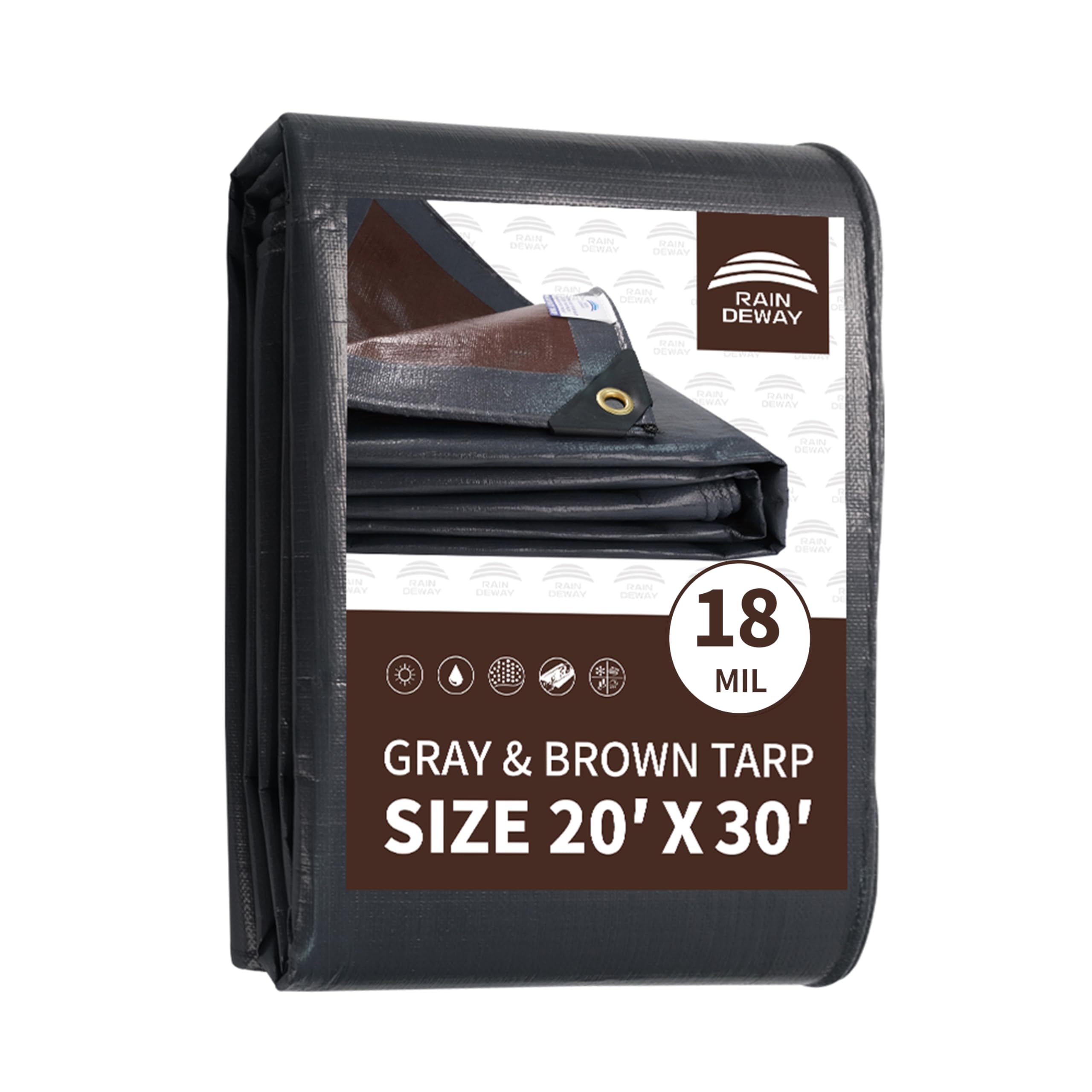 Photo 1 of RAINDEWAY 20x30 Feet Super Heavy Duty Tarp 18 Mil, UV Resistant, Weatherproof, Multipurpose Waterproof Poly Tarp with Grommets and Reinforced Edges, Brown/Gray Tarp