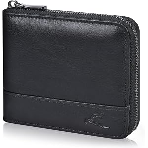 Swallowmall Men's RFID Blocking Genuine Leather Zipper Wallet with 10 Card Slots & 2 ID Windows Bifold Zip Wallets for Men