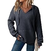 Dokotoo Womens Hoodies Oversized Sweatshirts Ribbed Knit Long Sleeve Drawstring V Neck Casual Pullover Sweatshirt Hooded Tops