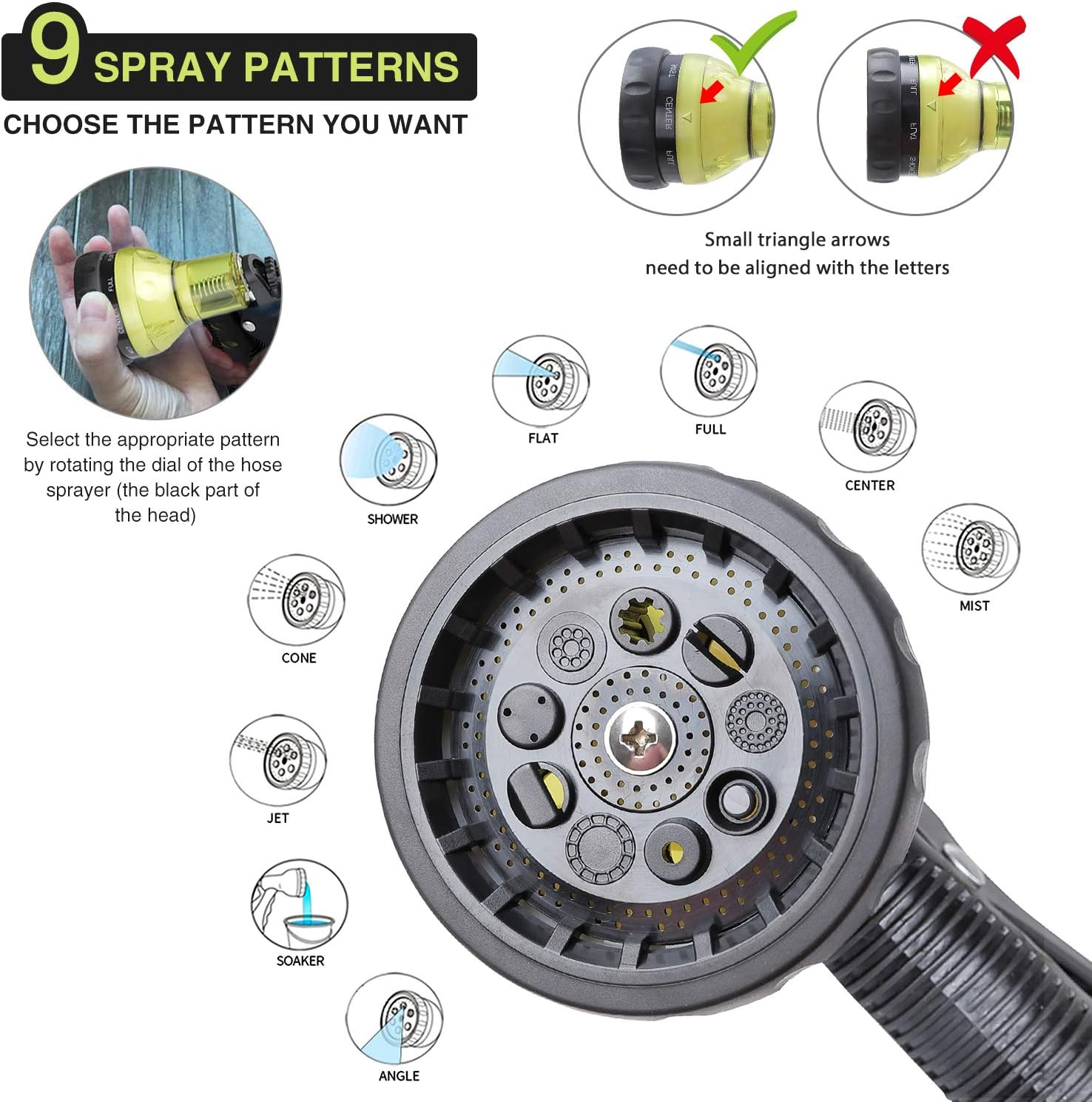 Garden Hose Nozzle, Hose Spray Nozzle, Water Hose Nozzle with 9 Adjustable Watering Patterns, Heavy Duty Hose Nozzle for Watering Plants, Cleaning, Car Wash and Showering Pets, Slip and Shock Resistant : Garden & Outdoor
