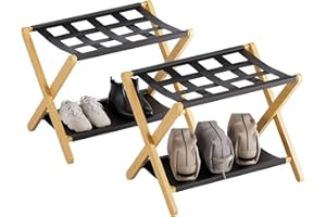 HITNET Luggage Rack 2 Pack, Folding Suitcase Stand for Guest Room, Bamboo Luggage Holder with Storage Shelf for Hotel Bedroom, Natural