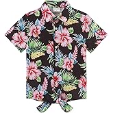Noomelfish Girls Tie Front Hawaiian Shirt Summer Floral Tropic Short Sleeve Button Down Tops (5-12 Years)