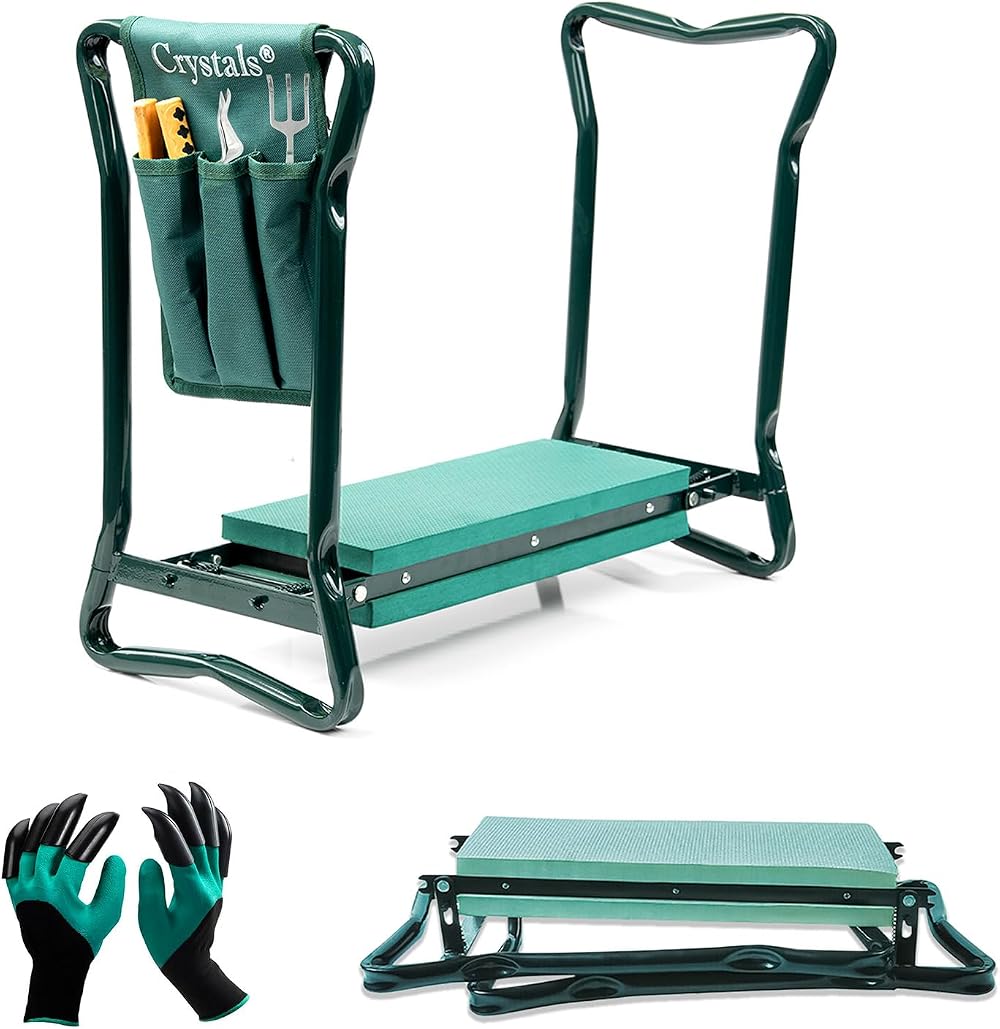 Crystals Garden Kneeler with Handles Green - 2 in 1 Stool Kneeler + Tool Bag