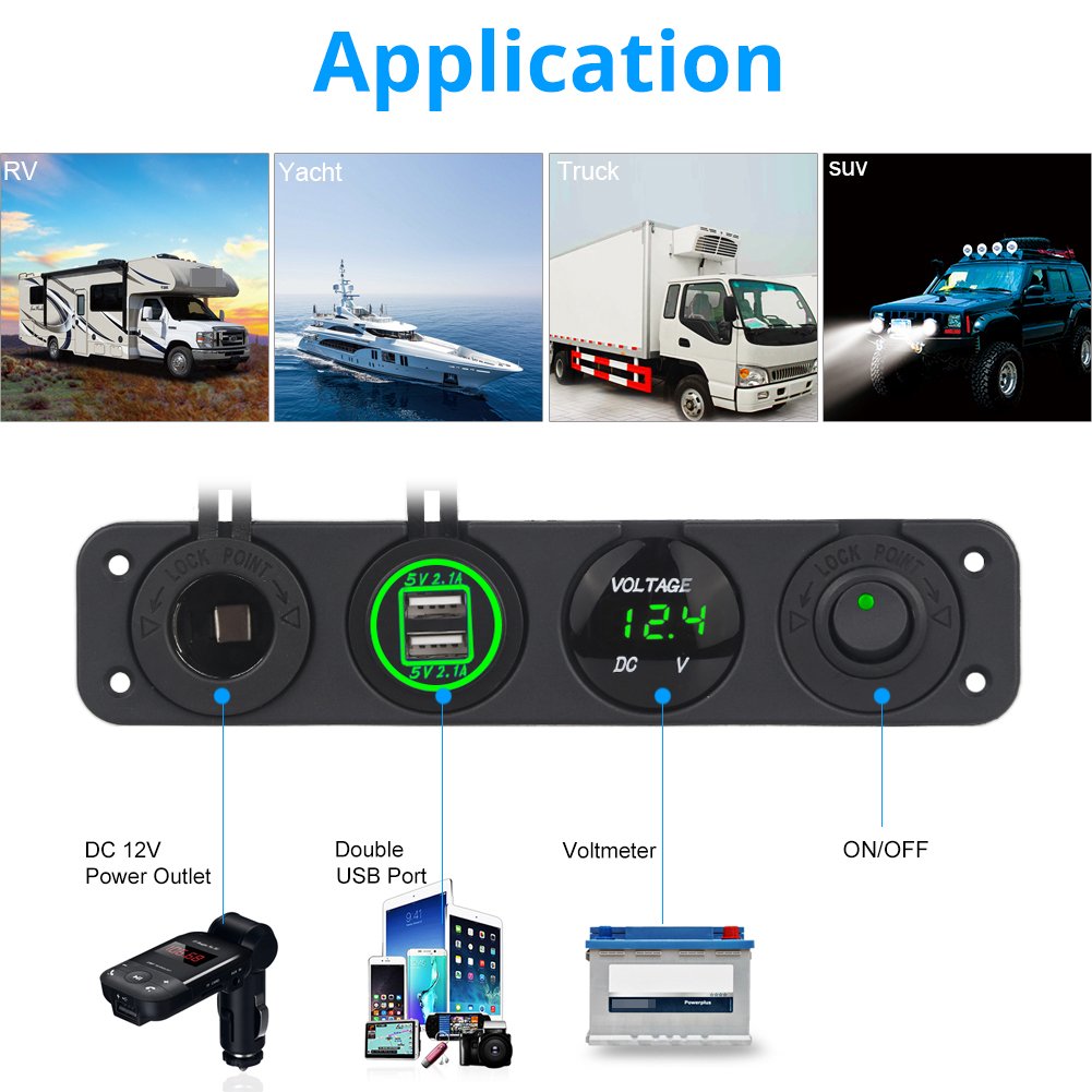 WATERWICH 2 3 4 Hole Marine Illuminated Toggle Rocker Switch Panel Waterproof Ignition Rocker Switch 12V-24V Volt Meter for RV Car Boat Trailer Vehicles Truck Yacht SUV (Two Hole Green)