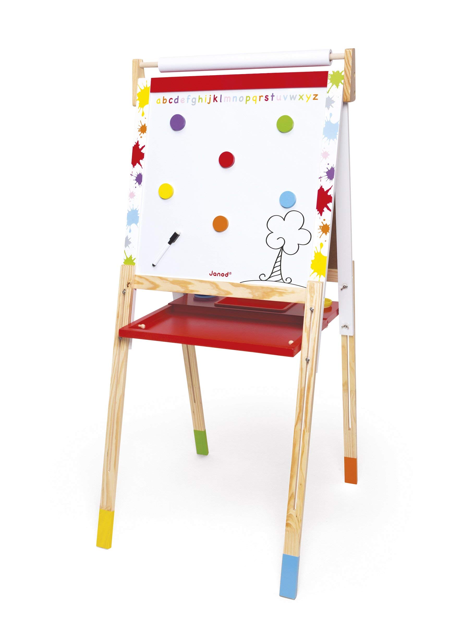 Janod Kids Wooden Double Sided Easel ‘Splash’ - Dynamic, Height Adjustable - Magnetic Whiteboard + Chalk Board - Including 13 Accessories - from 3 Years Old, J09611