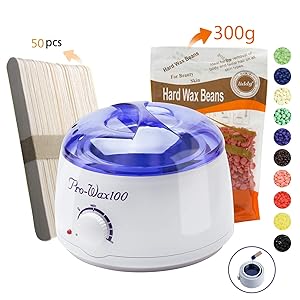 Hair Removal Waxing Kit,Portable Electric Hot Wax Warme for Facial Bikini Area Armpit with Hard Wax Beans (300g) and Wax Applicator Sticks (50pcs)