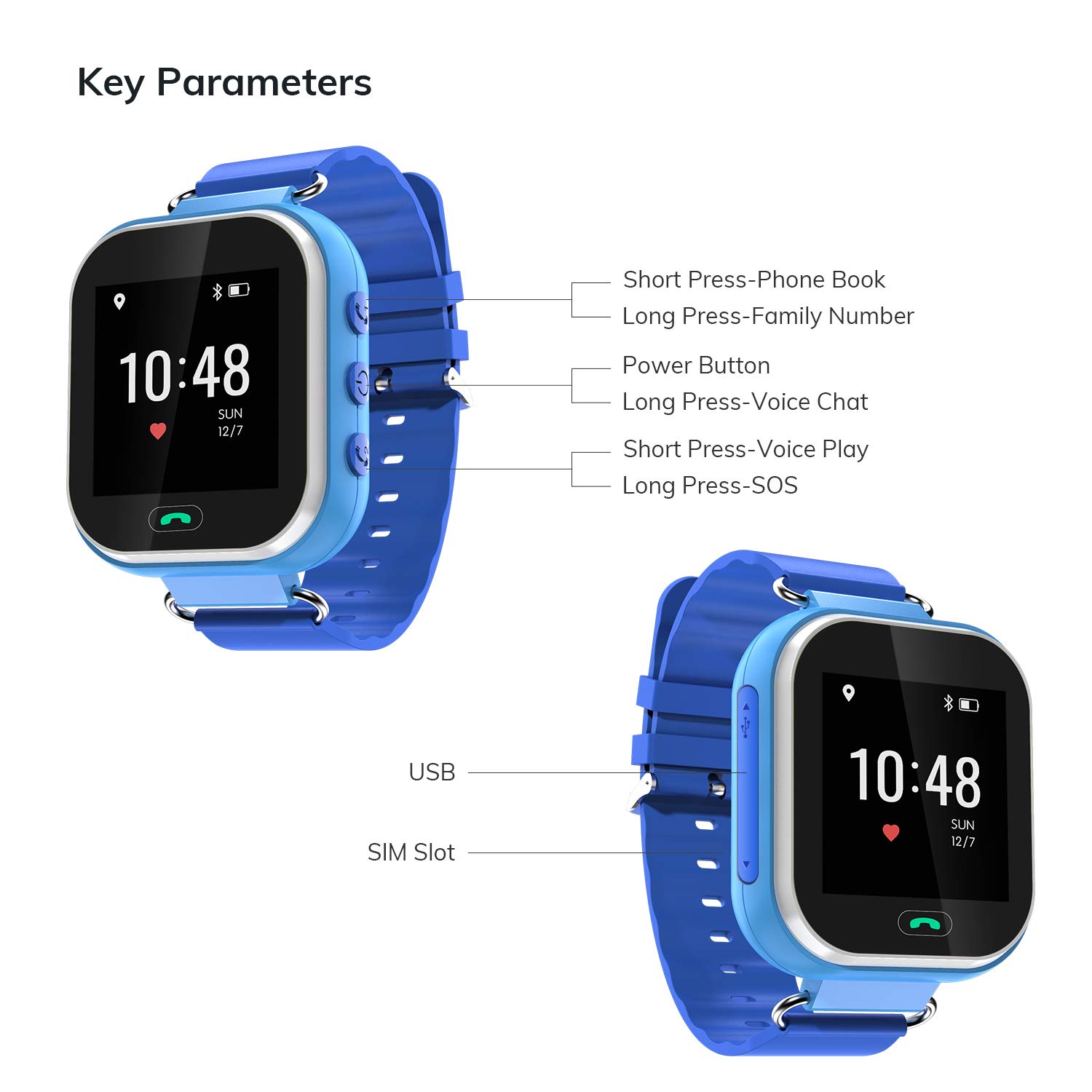 Wonbo Kids Smart Watch, GPS Phone Watch with SIM Slot SOS Call, Real-time Location Finder,Remote Monitor,Watch Remove Alert, Supports Android & iOS (Blue)