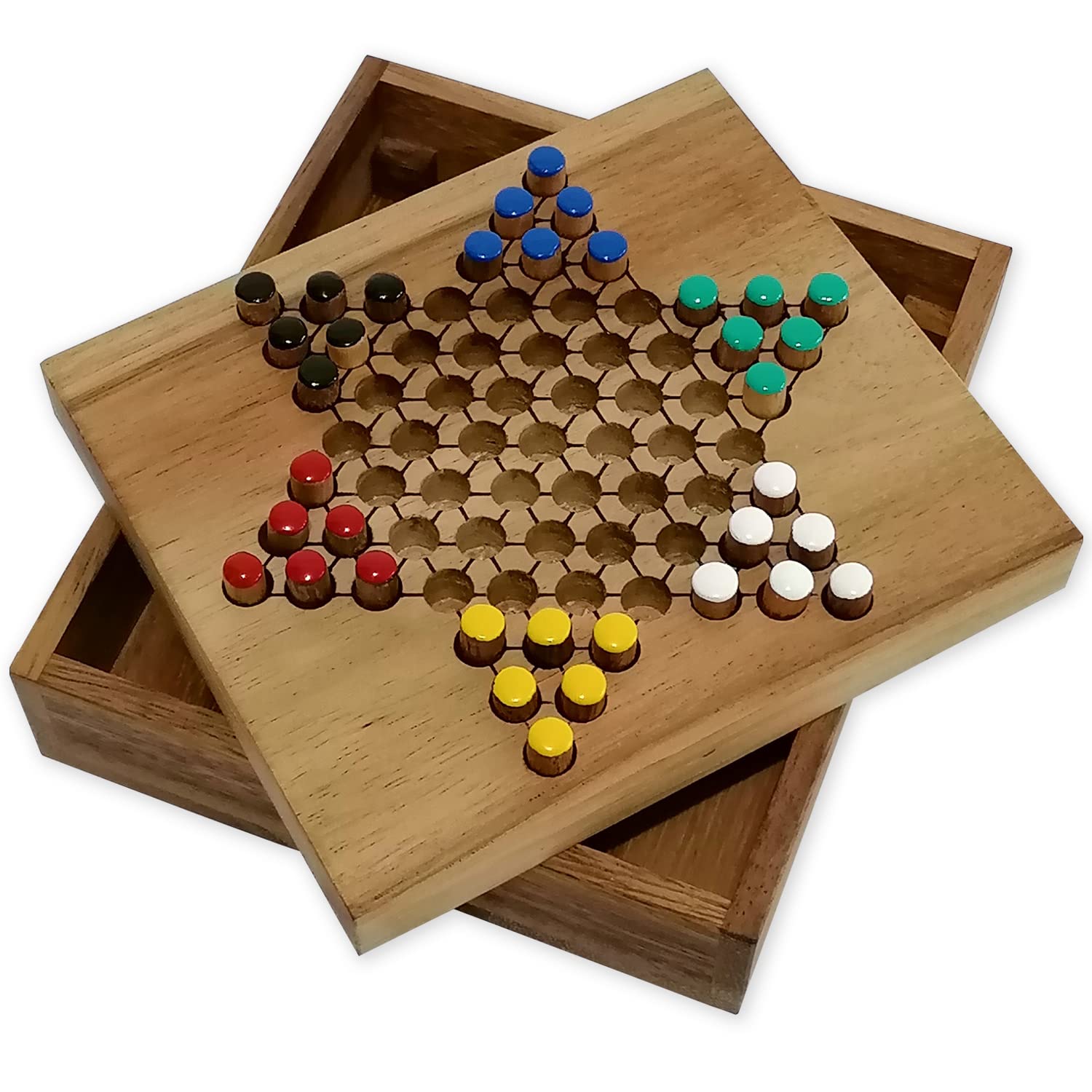 CHINESE CHECKERS, family strategy board game for 2 to 6 players from 5 years old. Handcrafted in solid acacia wood, eco-responsible, CE standards. Wooden travel game with reclosable board.