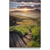 artopia Mountain Lake Canvas Wall Art: Lakeside Grass and Sunrise, Sunset Picture Decor, Stair Painting for Living Room, Bedr