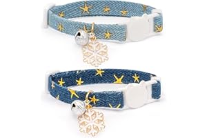 LIUGJIAU 2 Pack Cotton Breakaway Cat Collar with Bell,Dark Blue & Light Blue White Snowflake Pendant Cute Cat Collar Kitten Collar,Ideal for Girl Cats Boy Cats