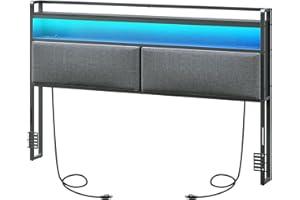 MAHANCRIS King Size Headboard, Upholstered Headboard with Power Panels and LED Light, 2 AC Outlets, 2 USB Ports and 2 Type-C Ports, 2-Tier Open Shelves, with Bed Frame Adapters, Black and Gray