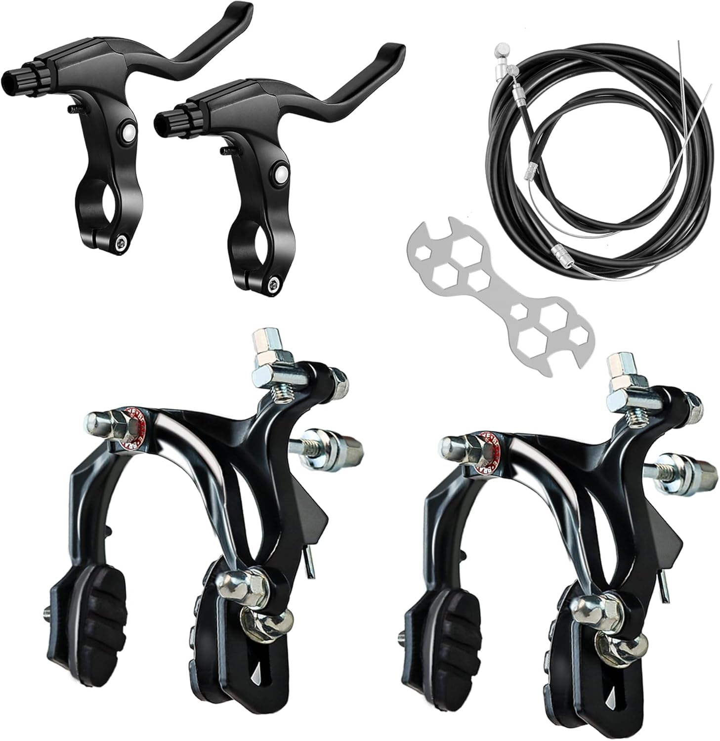 Photo 1 of Hmseng Complete Bike Brakes Set, Front and Rear C-Type Brakes Calipers, Include Inner and Outer Brakes Cables and Bike Brake Levers for MTB Road Bicycle-D-Black