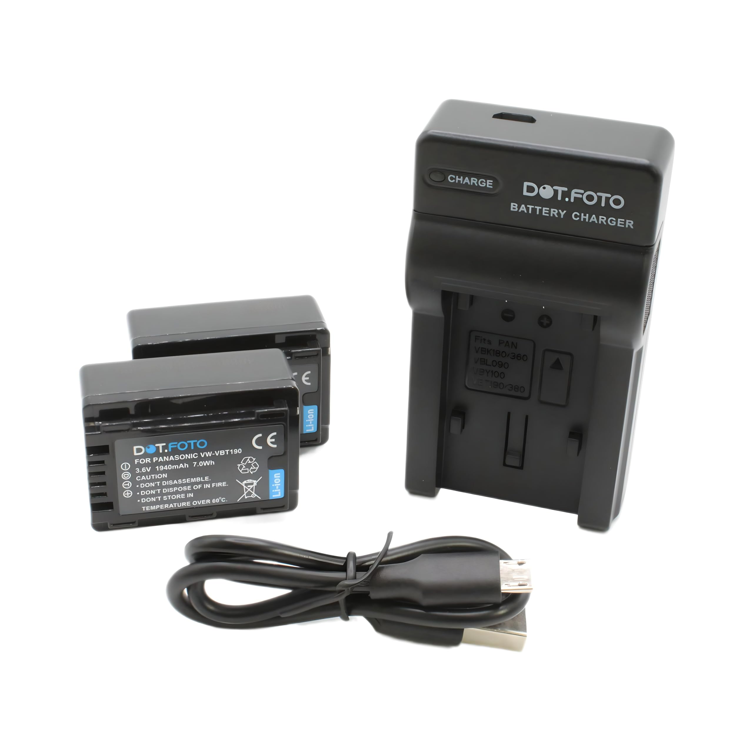 Dot.Foto VW-VBT190 Premium 1940mAh Battery (2-pack) & USB Battery Charger for Panasonic HC-V110, HC-V130, HC-V160, HC-V180, HC-V201, HC-V250,HC-V260,V720 V750 V770 V777 VX870 VX980 VX989