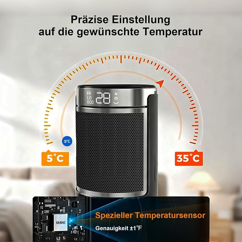 Heizlüfter 1500W/750W, 34 dB leise, PTC-Keramik, Thermostat 5–36 °C (±1°), 70° Oszillation, 24 h Timer, ECO/HI/LOW/FAN, Fernbedienung, Kippschutz, Überhitzungsschutz, V0, für Schlafzimmer