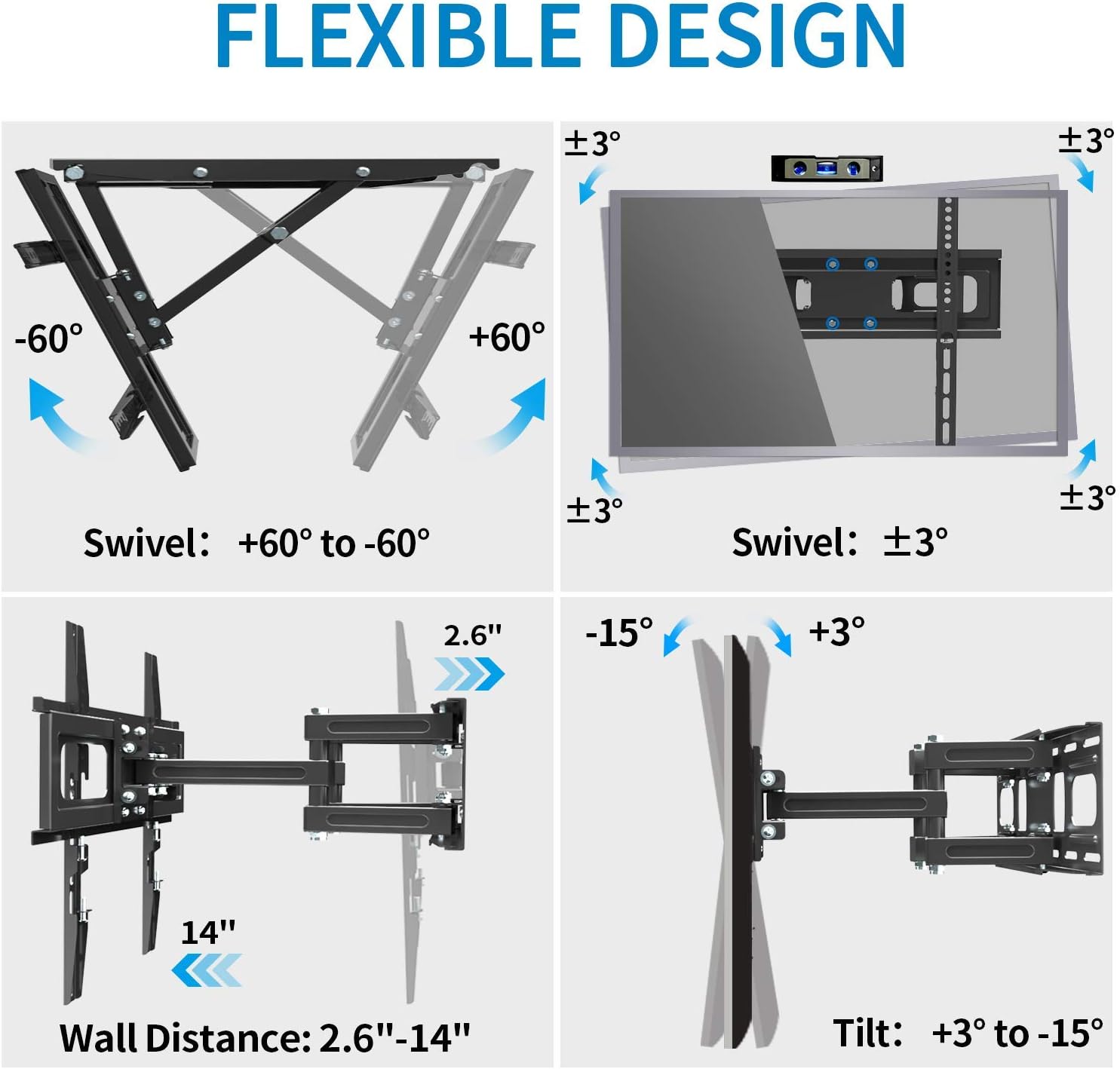 Everstone TV Wall Mount for Most 32"-65" TVs Heavy Duty Dual Arm Articulating Full Motion Tilt Swivel 14" Extension Bracket,LED,LCD,OLED&Plasma Flat Screen Curved TV,Up to VESA 400mm,Height Adjustable: Electronics