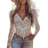 RISCUYY Going Out Tops for Women Lace Fringe Sheer Party Club Date Night See Through Cowgirl Western Sexy Tops for Women