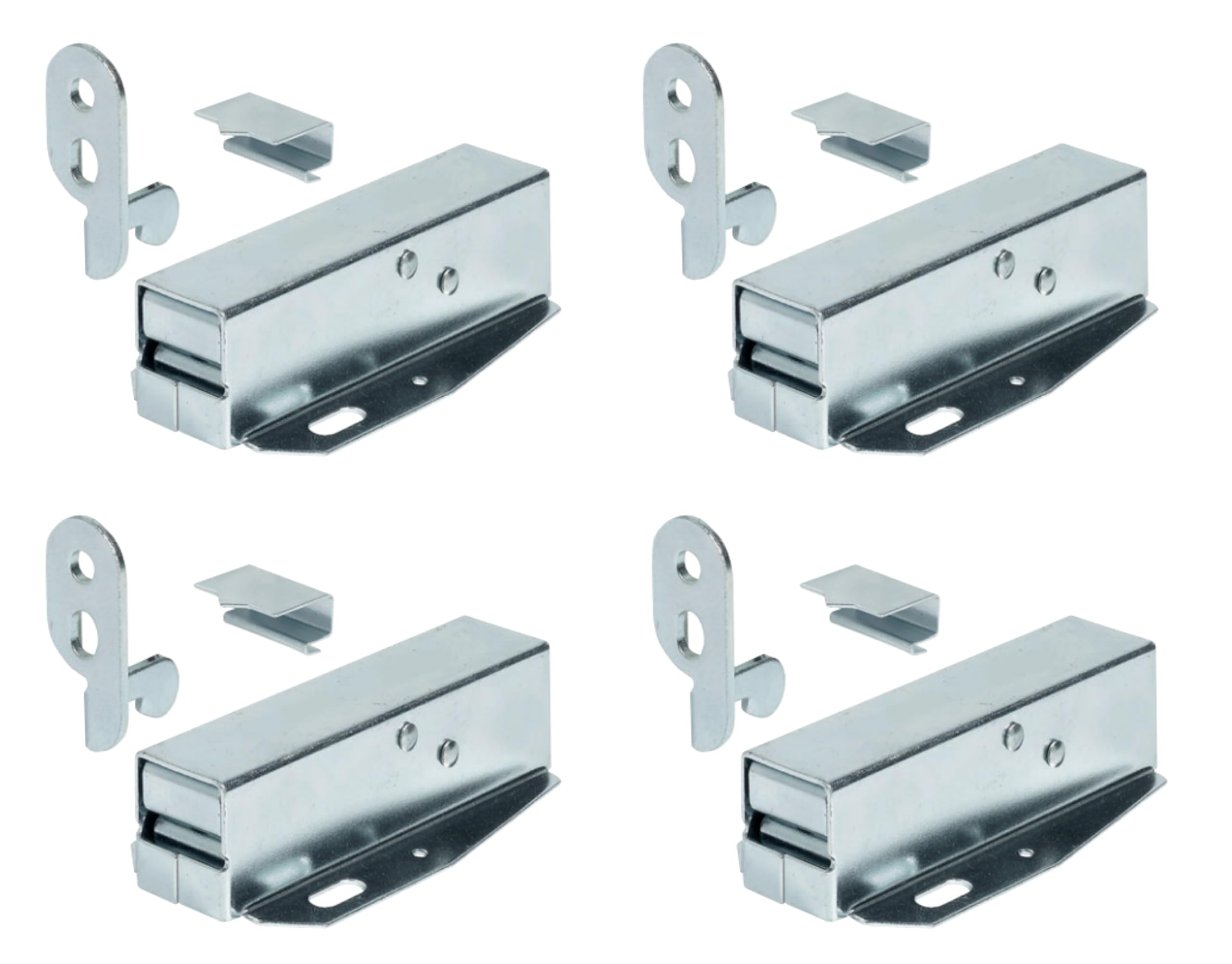 Gas N Pow3r x4 Tutch Latch Automatic Spring Catch for Press to Open Cupboard Doors and Loft Attic Hatches, Bright Galvanised Steel, Counterpiece + Catch Quad Pack