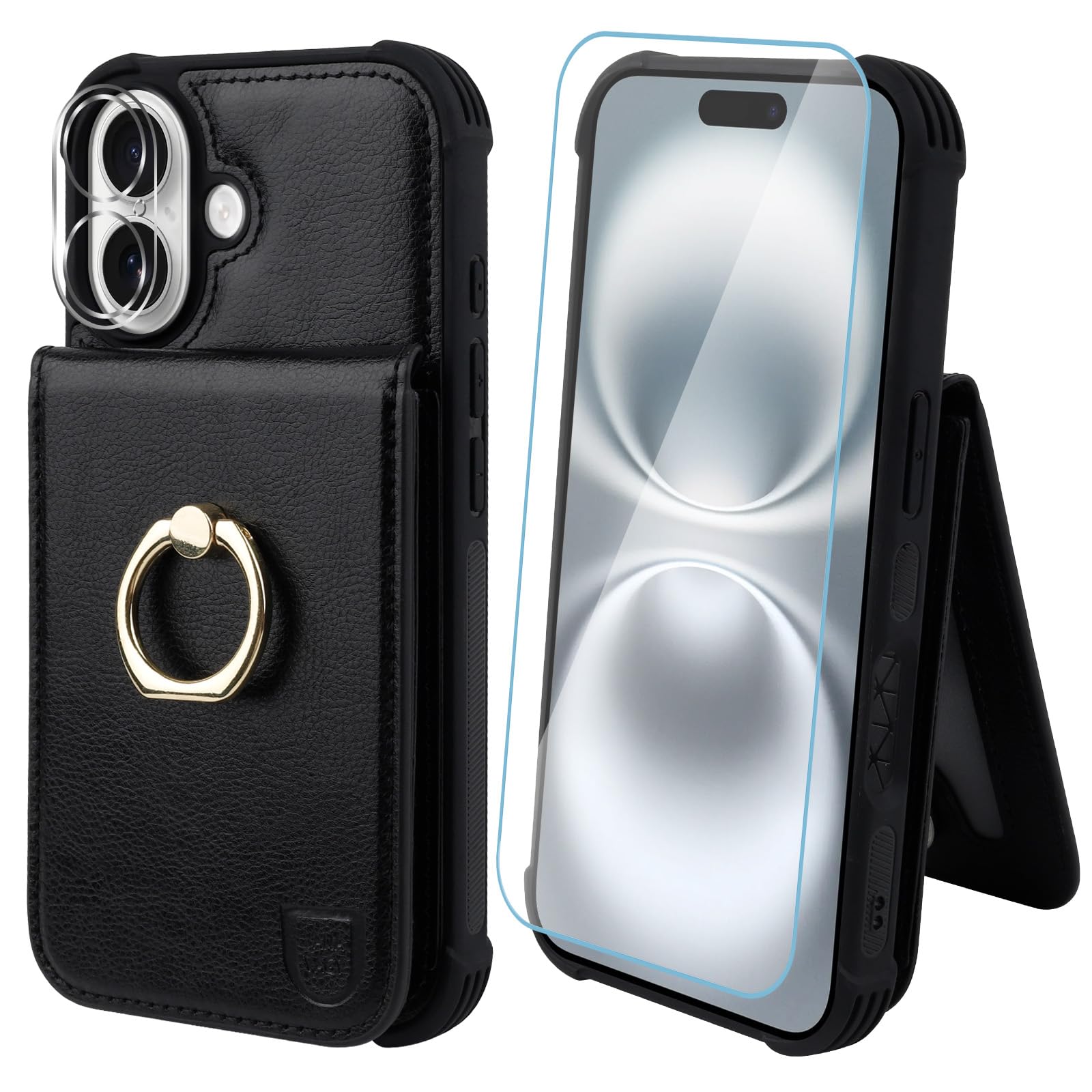 Photo 1 of VANAVAGY Compatible for iPhone 16 Plus Wallet Case with Credit Card Holder and Coin Pocket[360° Rotation Ring Kickstand ],Leather Magnetic Clasp Flip Folio Phone Cover for Women and Men 6.7 Inch,Black