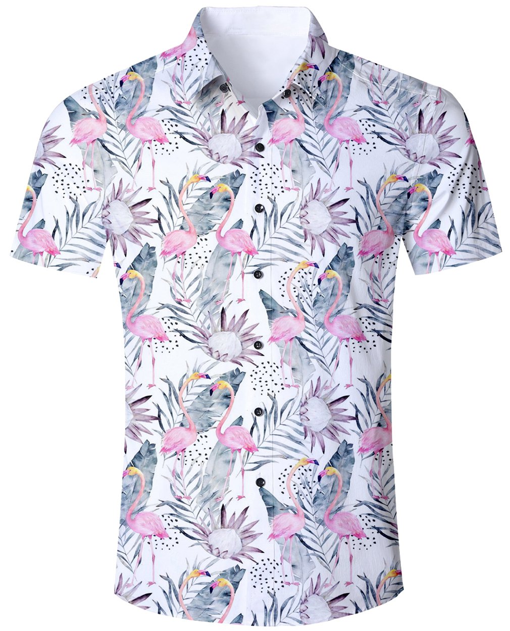 Goodstoworld Men\'s 3D Printed Casual Hawaiian Holiday Aloha Floral Flamingos Short Sleeve Shirt