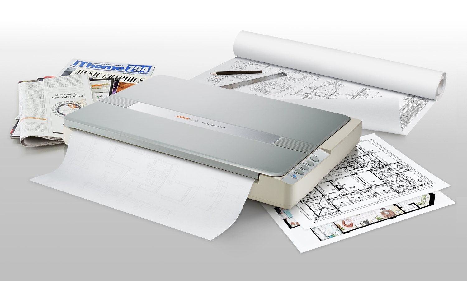 Plustek A3 Flatbed Scanner OS 1180 : Large Format scan Size for Blueprints and Document. Design for Library, School and Soho. A3 scan for 9 sec, Support Mac and PC