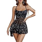Avidlove Women's Mesh Mini Dress Printed Double Layer Frill Bodycon Lingerie Dress Party Clubwear Outfits S-XXL