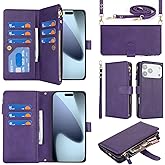 Jaorty Crossbody Wallet Compatible with iPhone 17 Pro Phone Case for Women Men, 6.3 Inch, with Card Holder,Purse with Shoulder Lanyard,[Wrist Strap], Zipper Pocket PU Leather, Purple