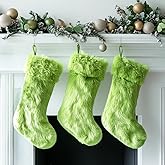 AISENO 3 Pack 18 Inch Christmas Stockings Green Faux Fur Hanging Ornaments Candy Gift Bags for Christmas Decorations