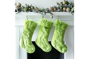 AISENO 3 Pack 18 Inch Christmas Stockings Green Faux Fur Hanging Ornaments Candy Gift Bags for Christmas Decorations