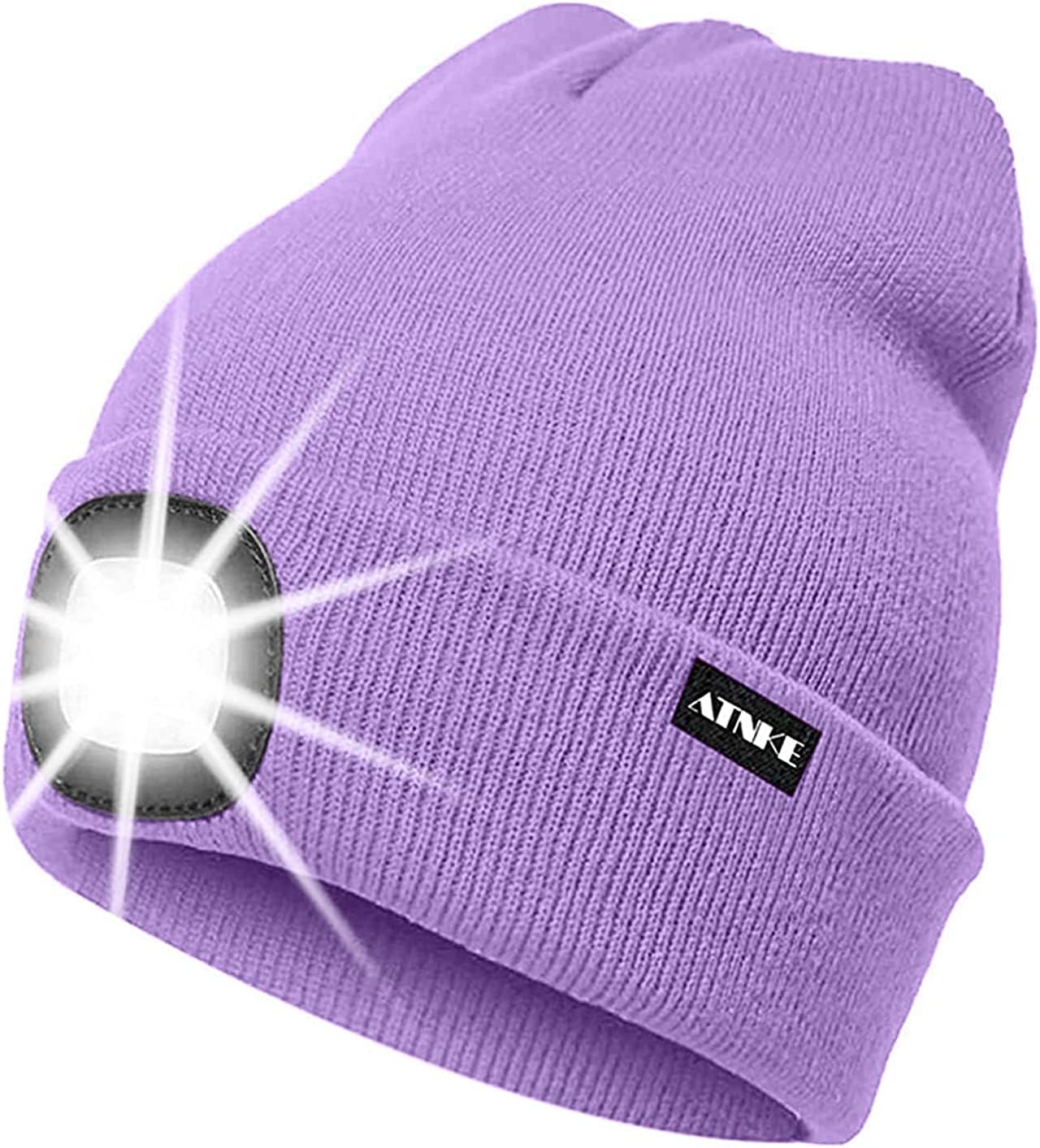ATNKE LED Lighted Beanie Cap,USB Rechargeable Running Hat Ultra Bright 4 LED Waterproof Light Winter Warm Gifts for Men and Women/Taro Purple