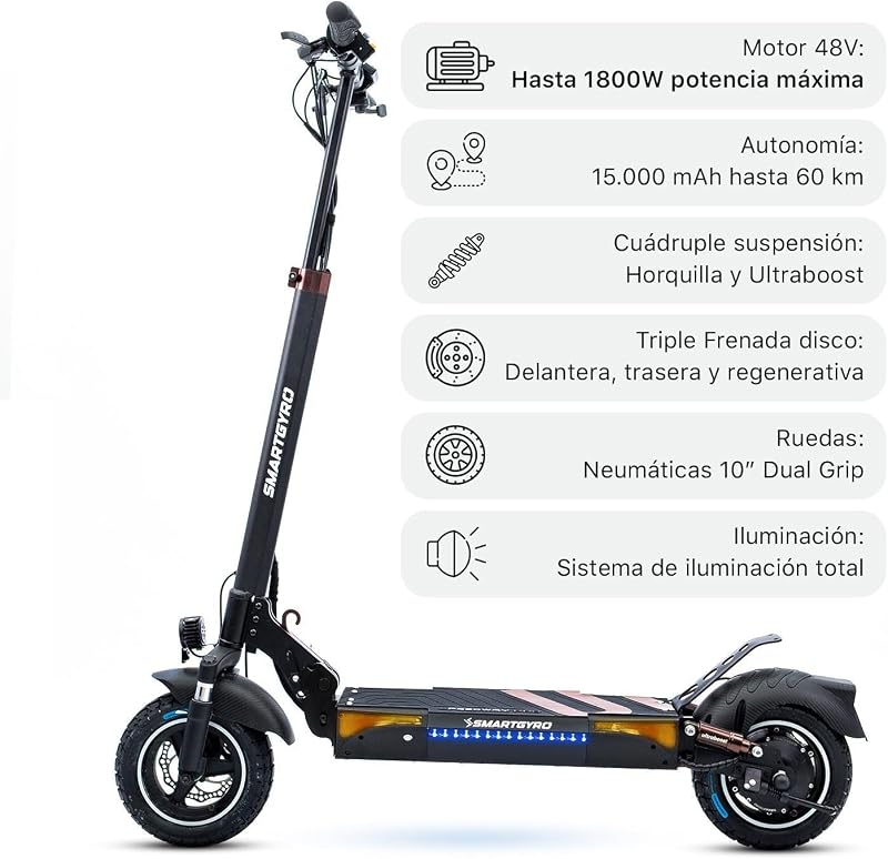 Speedway Pro - Patinete Eléctrico de 48V, 1000W Pot. Máxima, Batería 15Ah, Autonomía 60 Km, Ruedas de 10 Pulgadas Dual Grip, Suspensiones, Triple Frenada, Certificado DGT