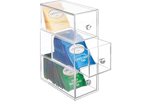 mDesign Plastic Kitchen Pantry Stackable Storage Organizer Container Station with 3 Drawers for Cabinet, Countertop, Holds Coffee, Tea, Sugar Packets, Creamers - Lumiere Collection - Clear