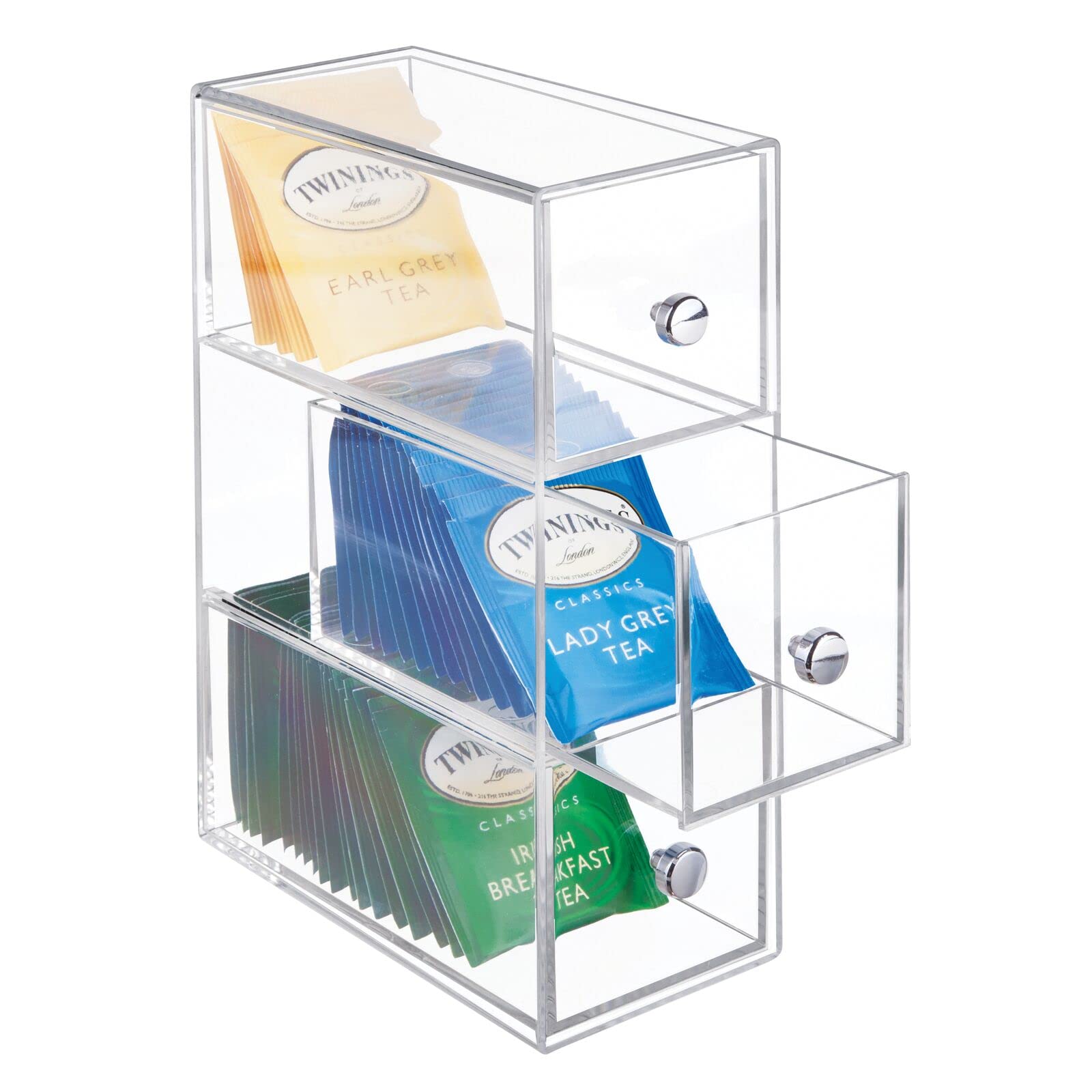 mDesign Kitchen Organiser Unit with 3 Drawers - Ideal as a Tea Box to Sort Different Kinds of Tea Bags - Plastic Storage Box for Sweeteners, Sugar, Salt, and More - Clear