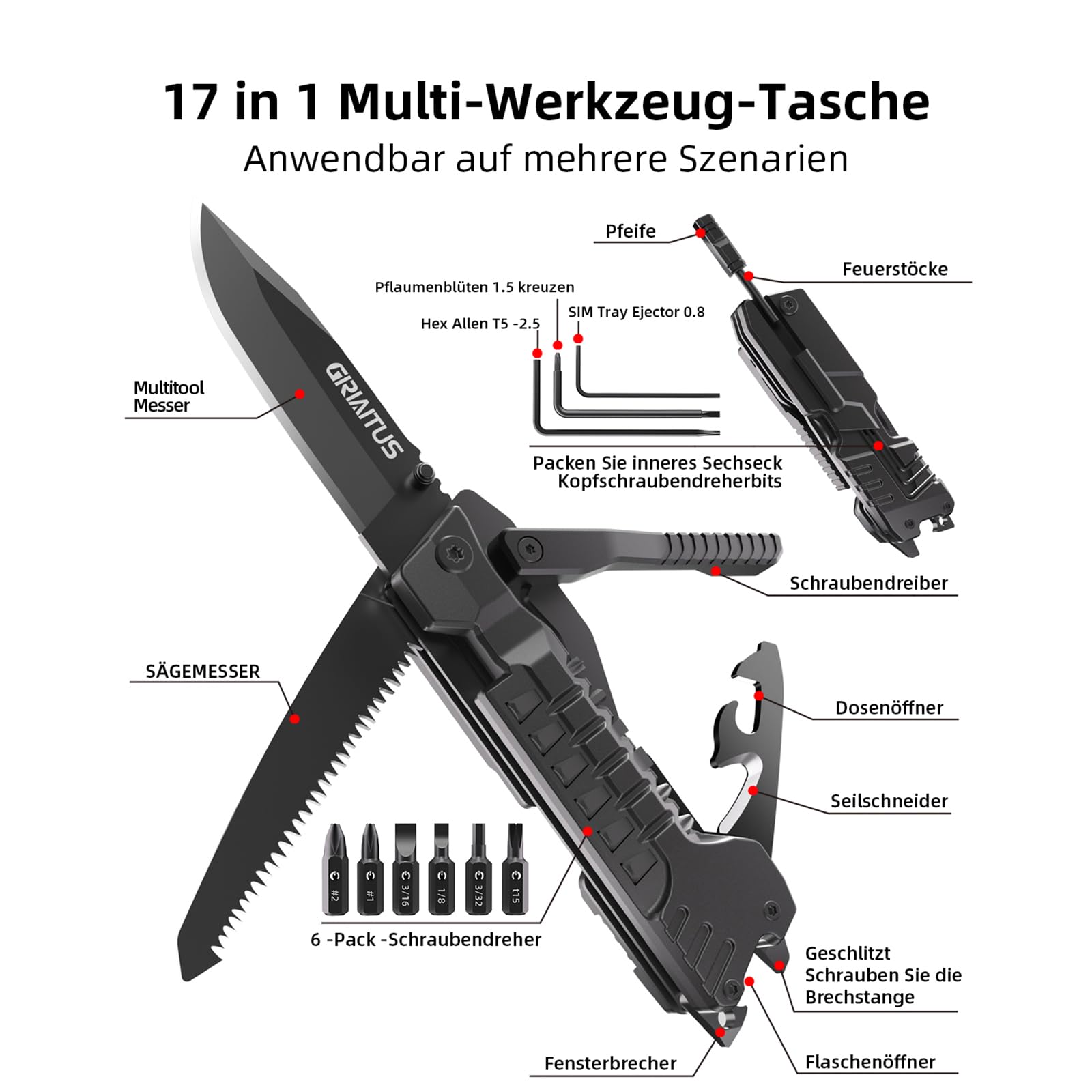 Geschenke für Männer 17in1 Multitool Taschenmesser Camping Zubehör mit Säge Schraubendreher Flaschenöffner Pfeife Outdoor Survival Gadgets Männergeschenke Geburtstagsgeschenk Vatertagsgeschenk 2
