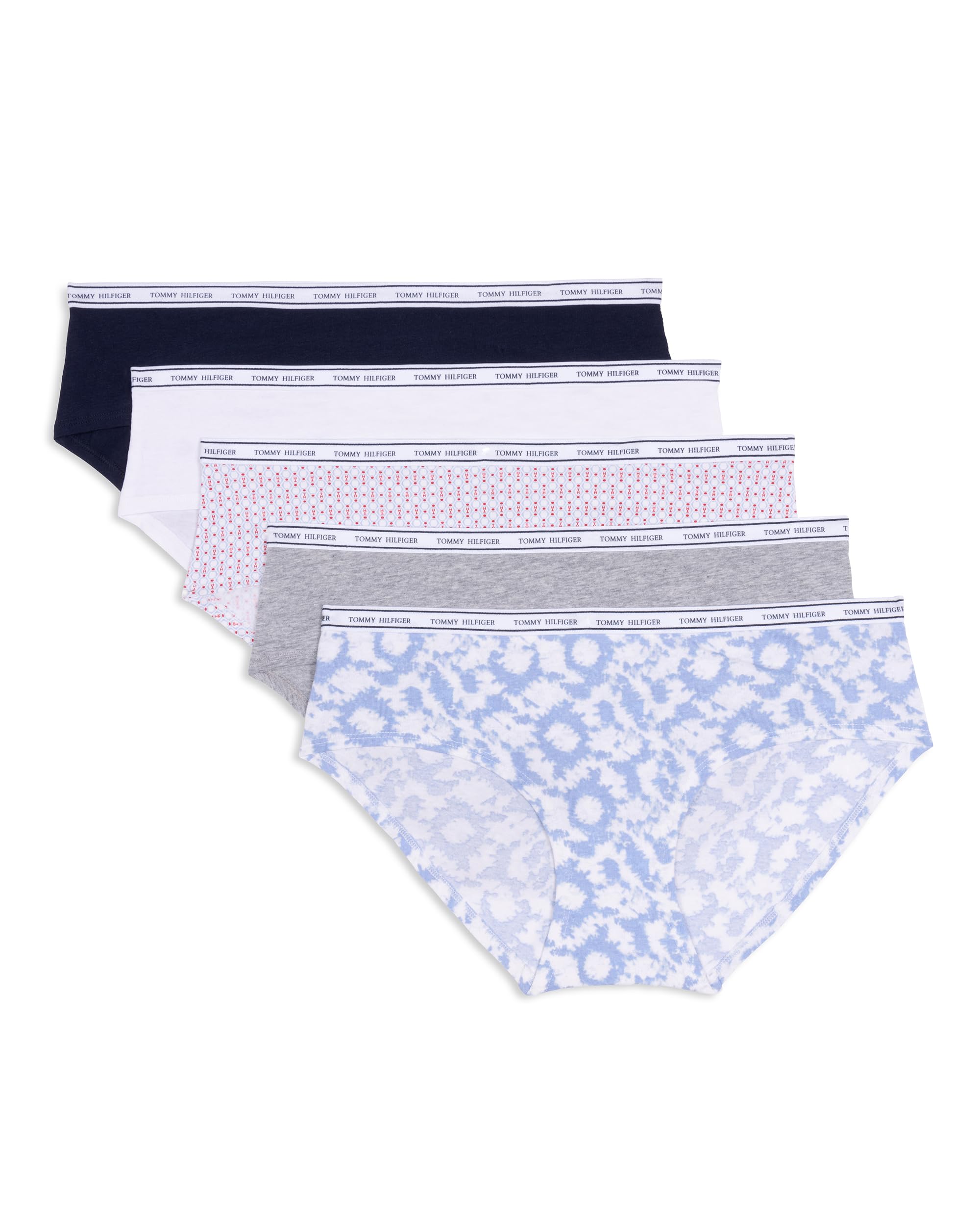 Photo 1 of ***INCOMPLETE****Tommy Hilfiger Womens Classic Cotton Hipster Underwear with Logo Waistband 5-Pack, Round Tie Dye Brunerra Blue/Heather Grey/TH Stacked Geo Bright White/Bright White/Navy Blazer, Large