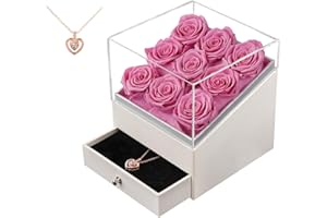 Beaulasting Roses Valentines Day Gifts for Her Preserved Roses in a Box Eternal Roses with Necklace Gift for Mother's Day Wedding Anniversary Birthday (Golden Pattern Square Box, Pink Roses)
