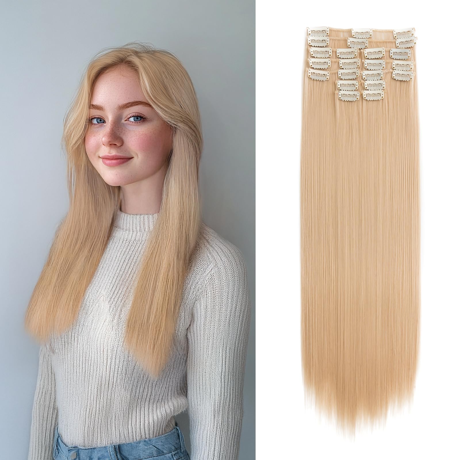 Benehair 22" Clip in Hair Extensions 12 Pcs Long Straight Hair Extensions Clip in Synthetic Fiber Full Head Natural Extension Light Blonde Hair Piece for Women(Light Blonde, 180g) — image 1