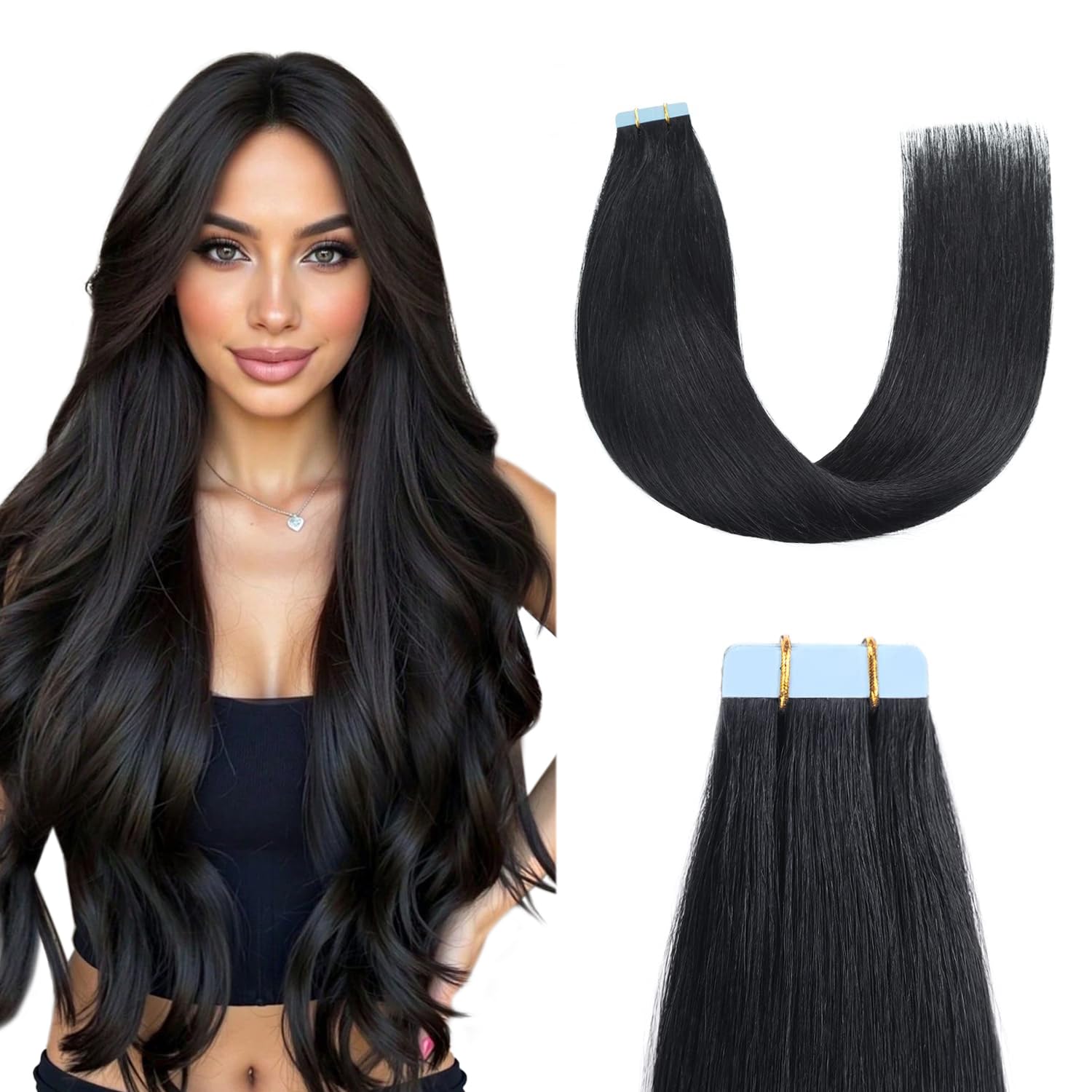 Sunya Tape in Hair Extensions Human Hair Jet Black 12 Inch Tapes Hair Extensions Semaless Invisible Remy Hair Natural Straight Hair 40g 20pcs/Pack