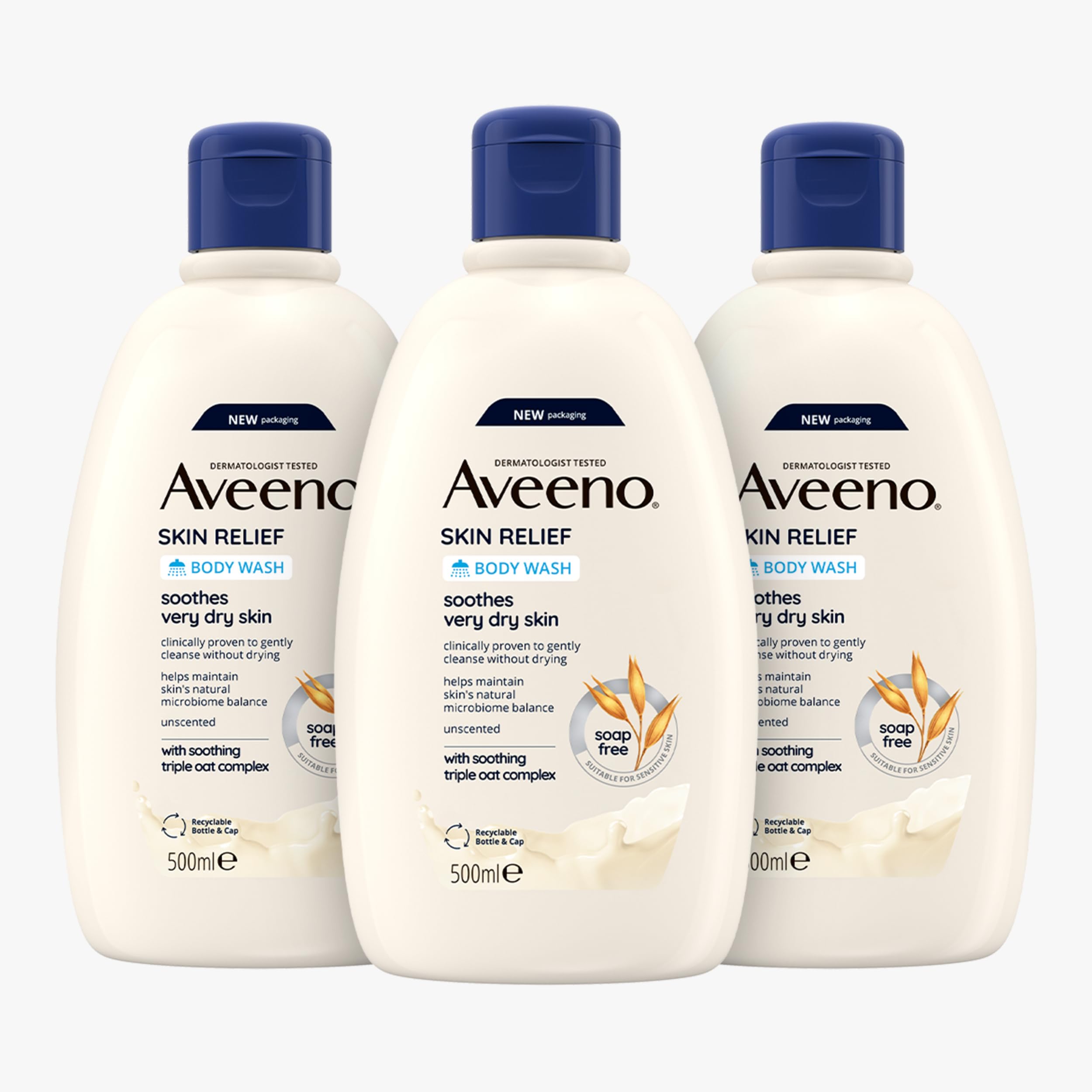 Aveeno Skin Relief Moisturising Body Wash Bundle (3x 500ml), Gentle Cleansing Wash with Soothing Triple Oat Complex, Soap-Free, Unscented for Sensitive and Very Dry Skin — image 1
