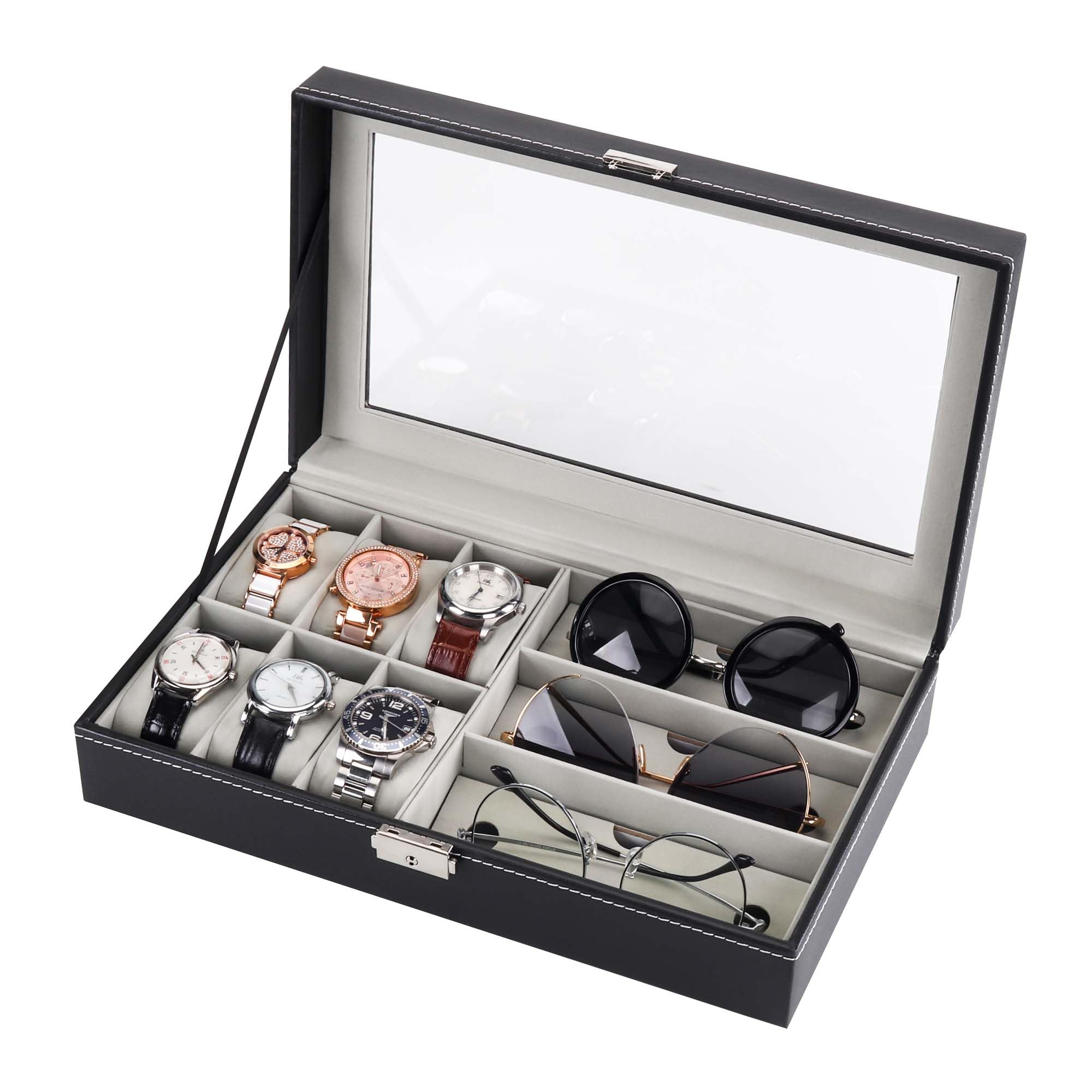 Goetland PU Leatherette Watch Display Box Jewelry Case Lockable, 6 Watch Slots & 3 Sunglasses Grids