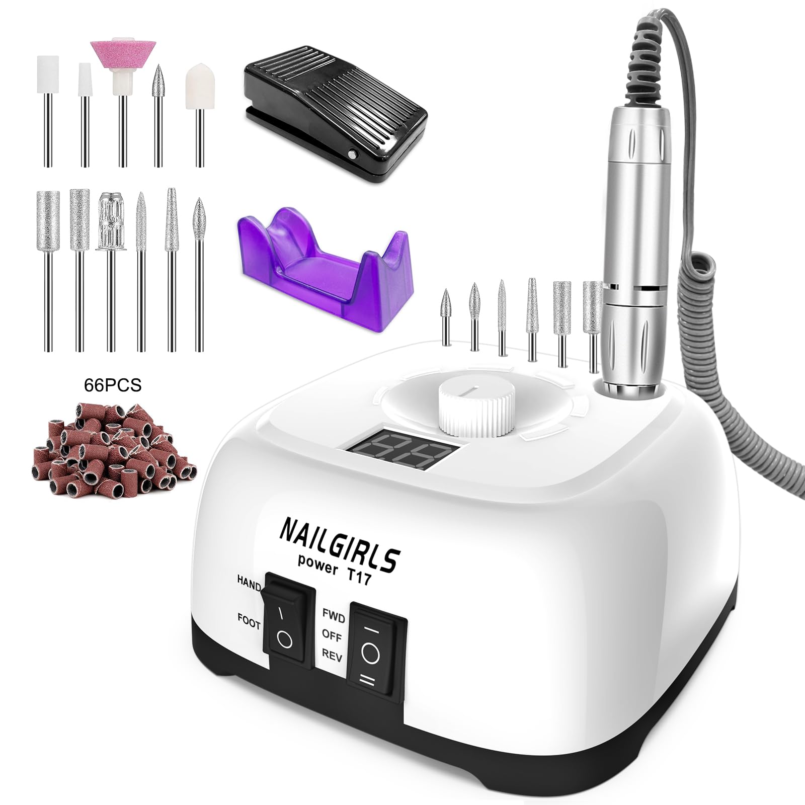 Nail Drill 35,000RPM NAILGIRLS Electric Nail Files Professional Acrylic Nails Gel Nails Manicure Pedicure Polishing Machine for Home and Salon Use with 11 Bits,Foot Pedal,White