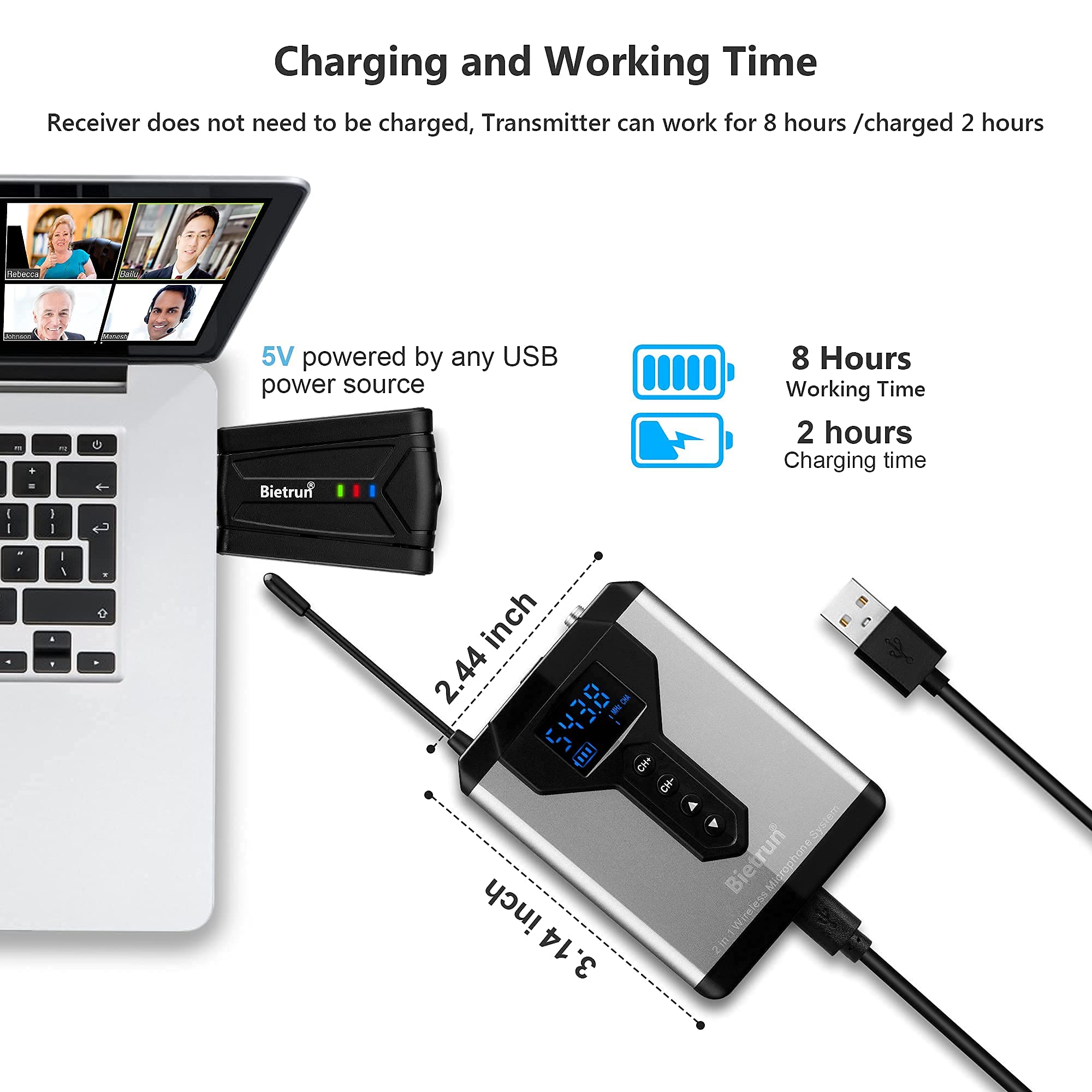 Bietrun Wireless USB Microphone for Computer, UHF Wireless Headset Mic and Lapel Lavalier Microphone System with USB Receiver for PC/Desktop/Laptop, Plug&Play, for Zoom, Meeting, Podcast, Recording