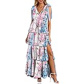 Wenrine Womens Summer Floral Maxi Dress Tie Strap Sleeveless V Neck High Slit Boho Ruffle Tiered Beach Dresses