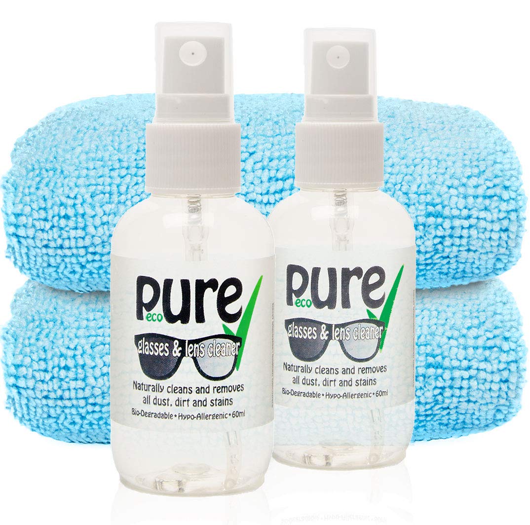 Glasses Sunglasses Lens Cleaning Kit - 2 Handy 60ml Bottles Plus 2 Super Large, Soft Microfibre Cleaning Cloths. This Natural Eco-Friendly Cleaner Easily Removes Dust, Grease, Marks and Stains.